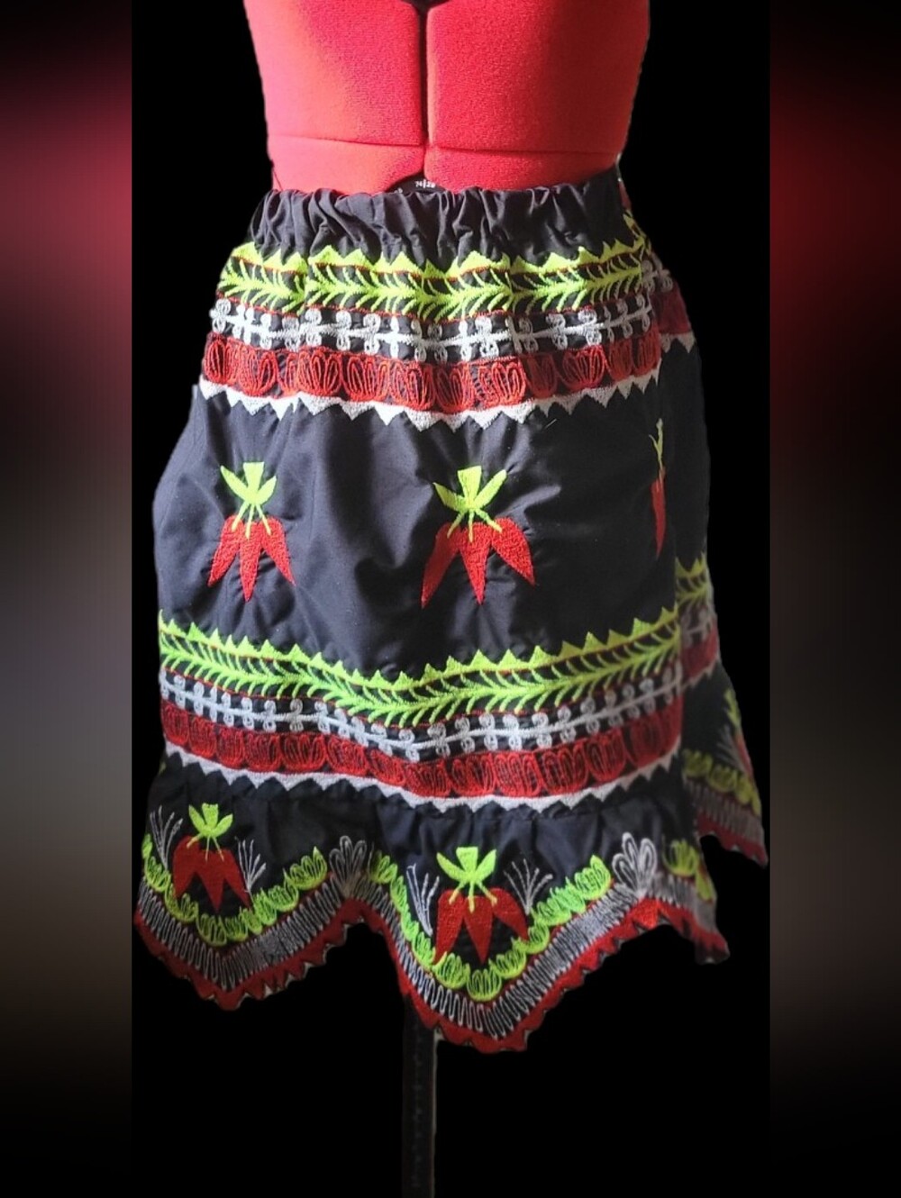 Embroidered Black Midi Skirt with Red & Lime Floral Motifs